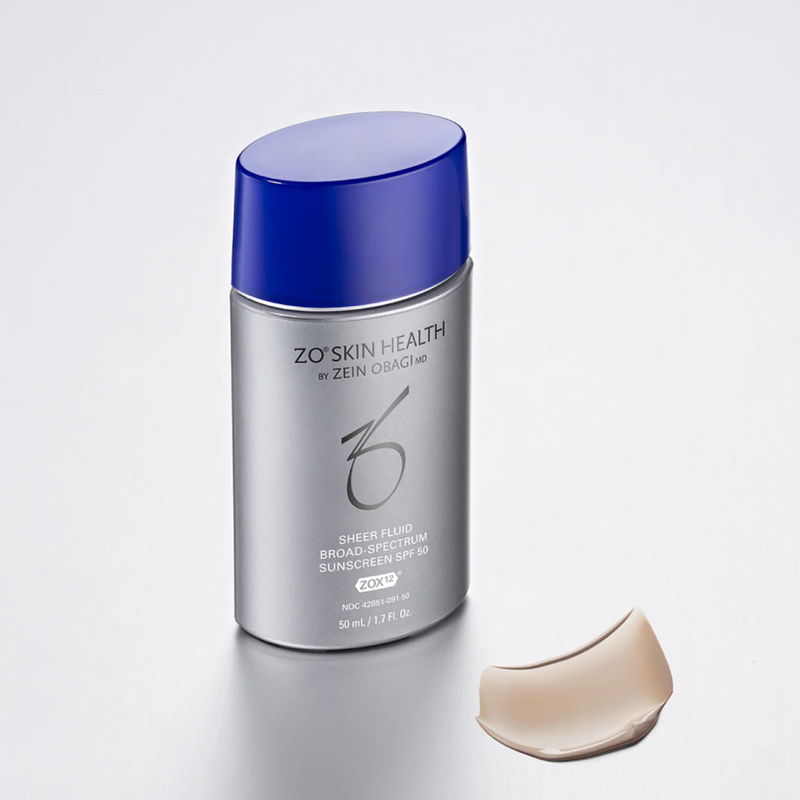Product image of ZO® Sheer Fluid Broad-Spectrum Sunscreen SPF 50 with a swatch of the lightweight, sheer formula on the side—showcasing its smooth texture and advanced sun protection with ZOX12® antioxidant technology