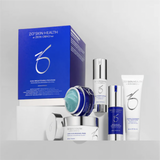 ZO Skin Brightening Program kit displayed with the exfoliating polish jar open, revealing its textured formula designed to gently buff away dullness and discoloration