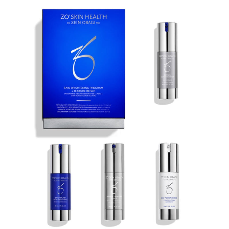 ZO Skin Brightening + Texture Repair Program box and products displayed together, showcasing a comprehensive kit designed to even skin tone and refine texture