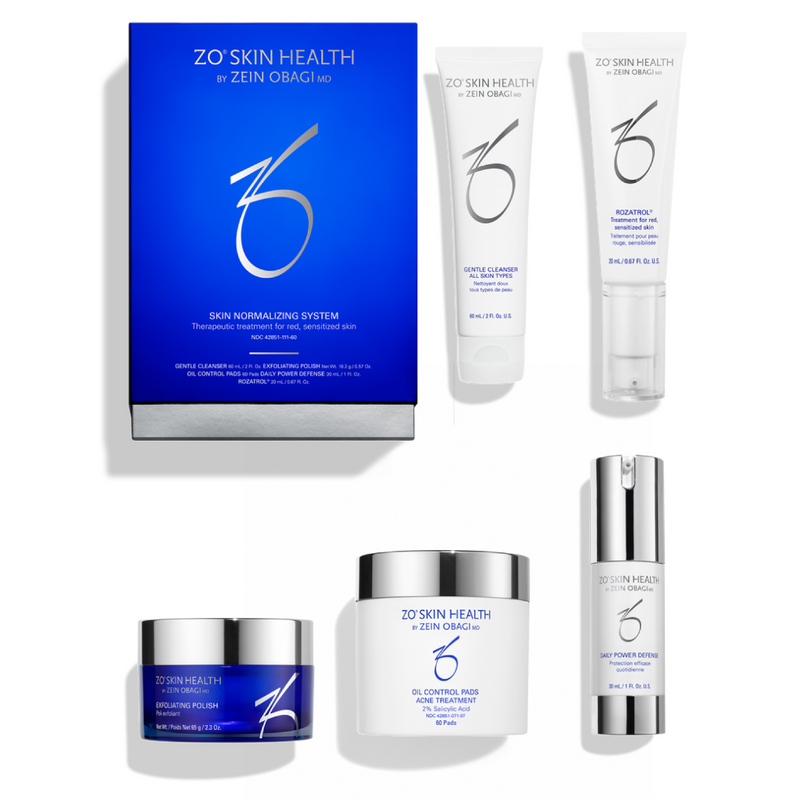 ZO Skin Normalizing System box and its contents displayed, highlighting a specialized set of products formulated to calm irritated skin and restore a balanced complexion