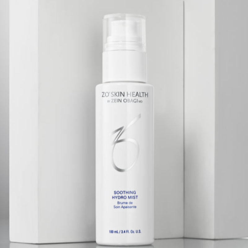 The ZO Soothing Hyro Mist in a sleek and elegant pump bottle infront of white blocks