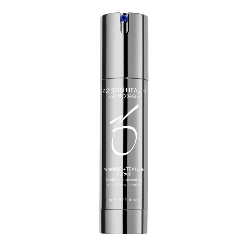 Product image of ZO Wrinkle + Texture Repair crème in the updated elegant silver and blue packaging, designed to visibly smooth fine lines, firm skin texture, and enhance skin tone with retinol and antioxidants