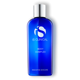 A blue bottle labeled 'iS Clinical Body Complex' with the brand's logo, indicating it is an intense skin care product.