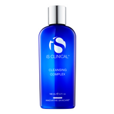 A blue bottle of iS Clinical Cleansing Complex against a white background.
