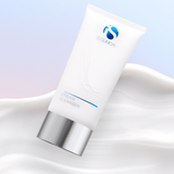 Tube of the iS Clinical Cream Cleanser focusing on its lightweight swatch on a light purple background