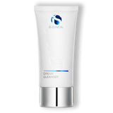 A white tube of iS Clinical Cream Cleanser with blue accents on the logo and a silver band at the bottom.