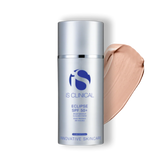 A bottle of iS Clinical Eclipse SPF50+ PerfecTint Beige with a swatch of the tinted sunscreen beside it.