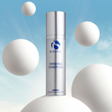 Skincare bottle labeled 'Firming Complex' on a blue background with white spherical objects.