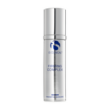 A bottle of iS Clinical Firming Complex, with a white and blue label, designed for skin firming and refining.