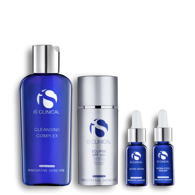 IS Clinical skincare product set including Cleansing Complex, SPF 50+, Eclipse, Active Serum, and Hydra-Cool Serum on a white background.