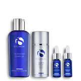 IS Clinical skincare product set including Cleansing Complex, SPF 50+, Eclipse, Active Serum, and Hydra-Cool Serum on a white background.