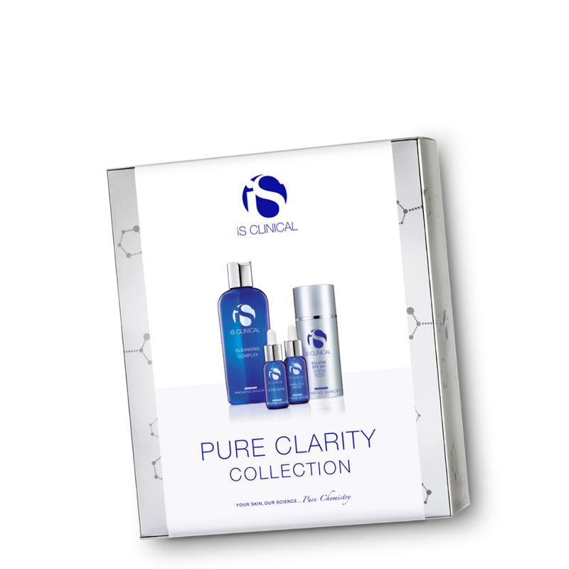 A product image showing the iS Clinical Pure Clarity Collection packaging, which includes bottles of skincare products.
