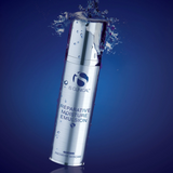 IS Clinical Reparative Moisture Emulsion bottle with water splash on a blue background