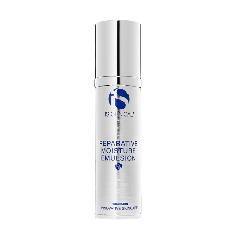 A pump bottle of iS Clinical Reparative Moisture Emulsion designed for skincare.