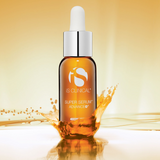 IS Clinical Super Serum Advance bottle with dropper on a yellow background with yellow liquid splash