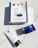 Image of the iS Clinical Warm Up Cool Down retail box with its product content displayed beside it