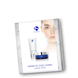 Photo of a packaged facial kit product from iS Clinical, including a Warming Honey Cleanser and Hydra-Intensive Cooling Masque, with the tagline 'Warm up, Cool down'.