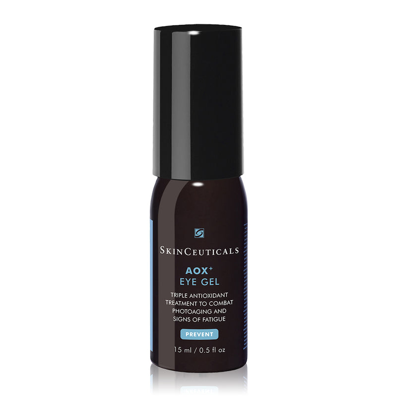SkinCeuticals AOX+ Eye Gel bottle with product packaging, antioxidant eye serum designed to reduce puffiness and dark circles