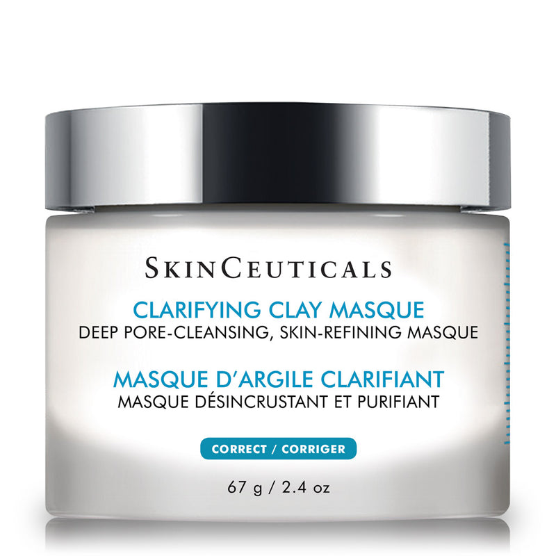 SkinCeuticals Clarifying Clay Masque jar on white background, showcasing non-drying clay mask for oily and congested skin