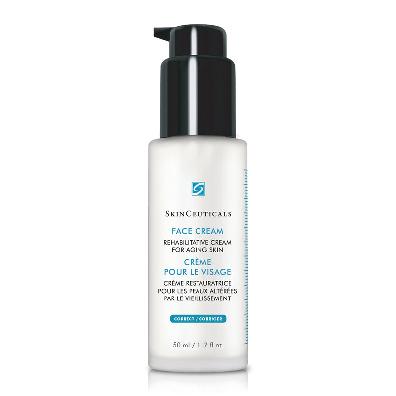 SkinCeuticals Face Cream in a clear jar with black lid, anti-aging moisturizer designed to restore moisture and improve visible signs of aging on mature skin