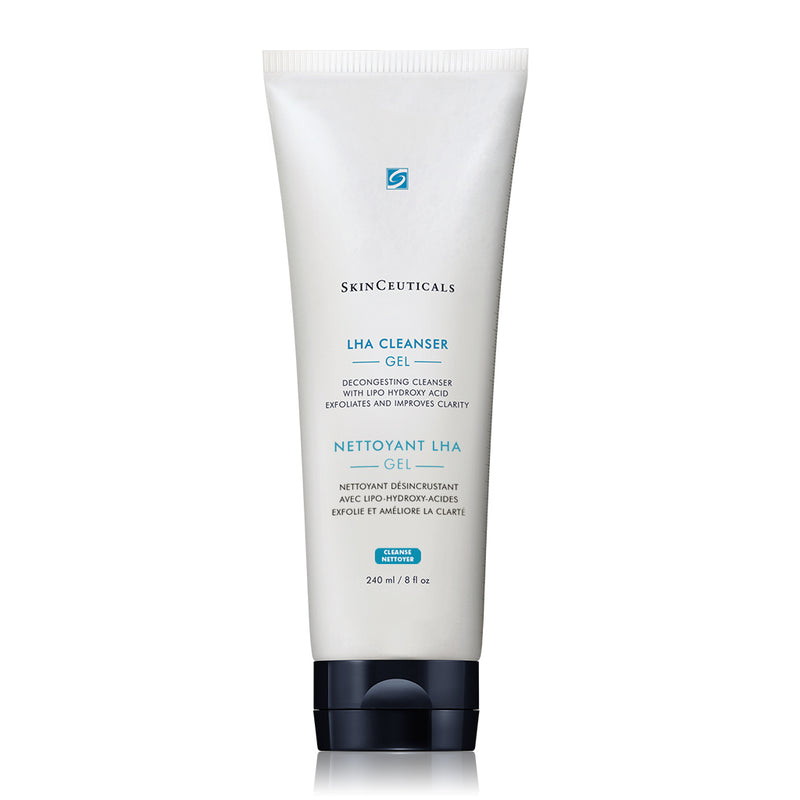 SkinCeuticals LHA Cleansing Gel bottle displayed, highlighting its pore-purifying and exfoliating formula that refines skin texture and brightens the complexion