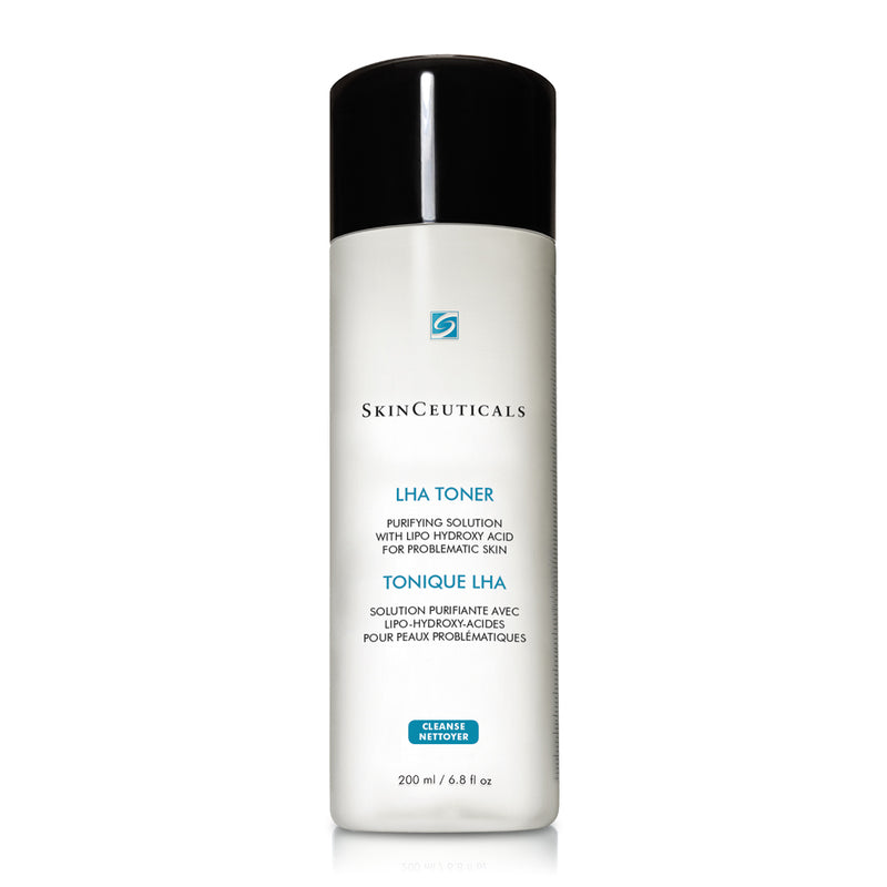 SkinCeuticals LHA Toner 200ml bottle standing upright on a clean surface, designed for oily and aging skin to exfoliate, unclog pores, and refine skin texture