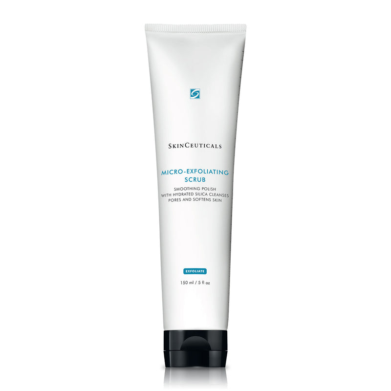 SkinCeuticals Micro-Exfoliating Scrub tube displayed upright, showcasing its sleek white and blue packaging