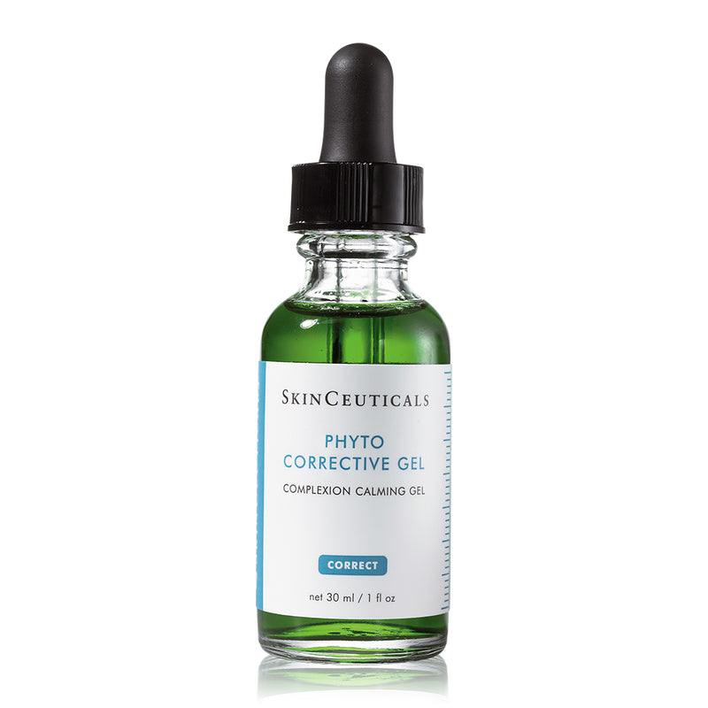 SkinCeuticals Phyto Corrective Gel – lightweight green calming serum in a clear bottle, designed to soothe sensitive skin, reduce visible redness, and boost hydration