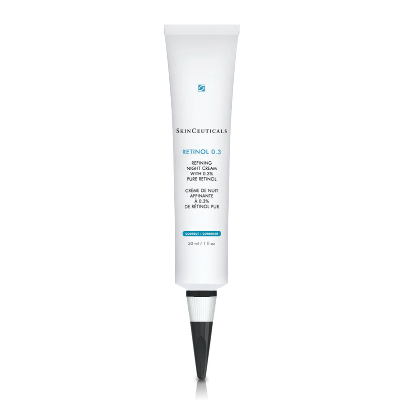 SkinCeuticals Retinol 0.3 – anti-aging night treatment in a sleek white tube, designed to reduce fine lines, wrinkles, and discoloration while refining skin texture.