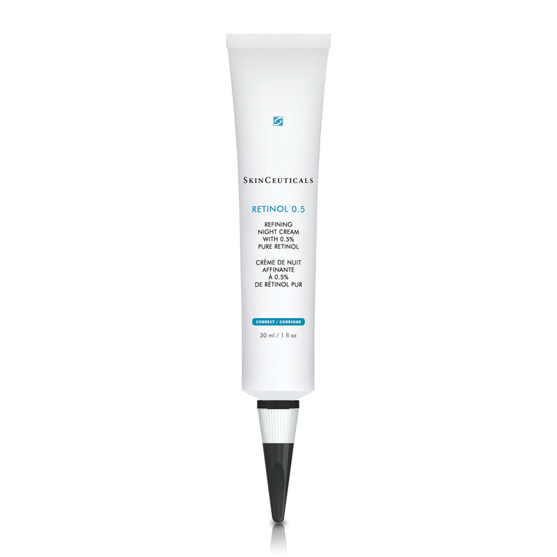 SkinCeuticals Retinol 0.5% – concentrated nighttime retinol cream in a white tube, formulated to reduce visible signs of aging, improve skin tone, and refine texture.