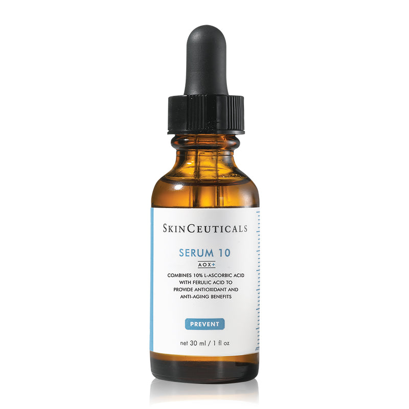 SkinCeuticals Serum 10 AOX+ antioxidant serum bottle with dropper on white background – gentle vitamin C serum for sensitive skin, 30ml