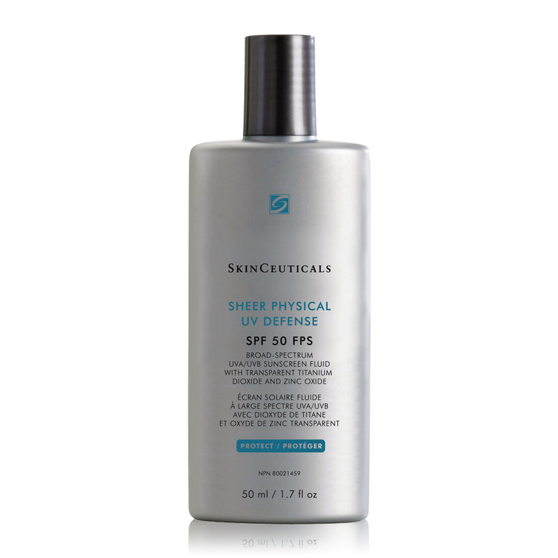 Bottle of SkinCeuticals Sheer Physical UV Defense SPF 50 lightweight mineral sunscreen for face, broad-spectrum sun protection