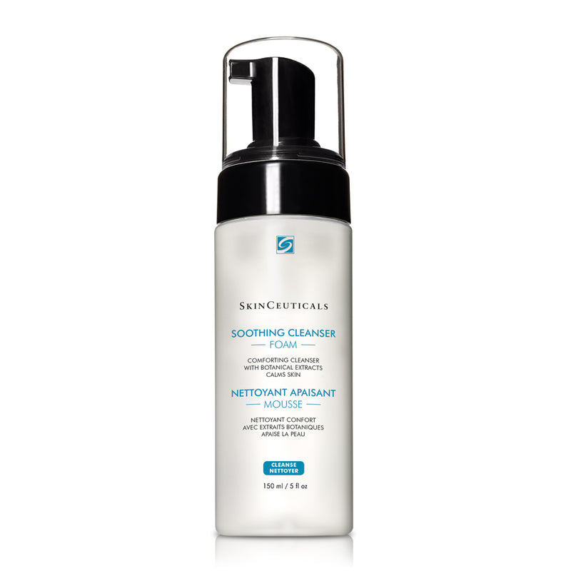 SkinCeuticals Soothing Cleanser foaming bottle with product displayed, ideal for calming and cleansing sensitive or post-procedure skin