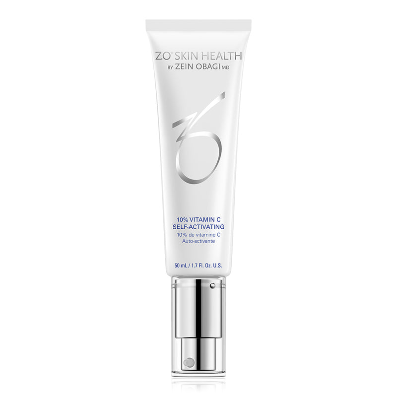 Product image of ZO 10% Vitamin C Self-Activating in sleek silver and white packaging, designed to brighten skin, even tone, and reduce the appearance of fine lines and wrinkles with a potent antioxidant boost