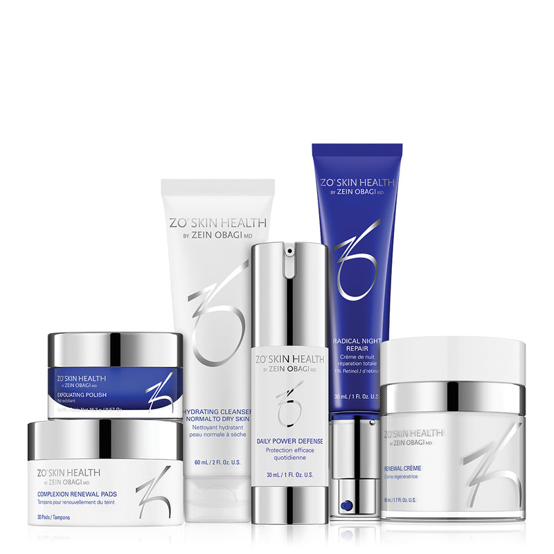 All products from the ZO Aggressive Anti-Aging Program displayed together, emphasizing their concentrated skincare approach to tackle deeper lines, wrinkles, and texture concerns.