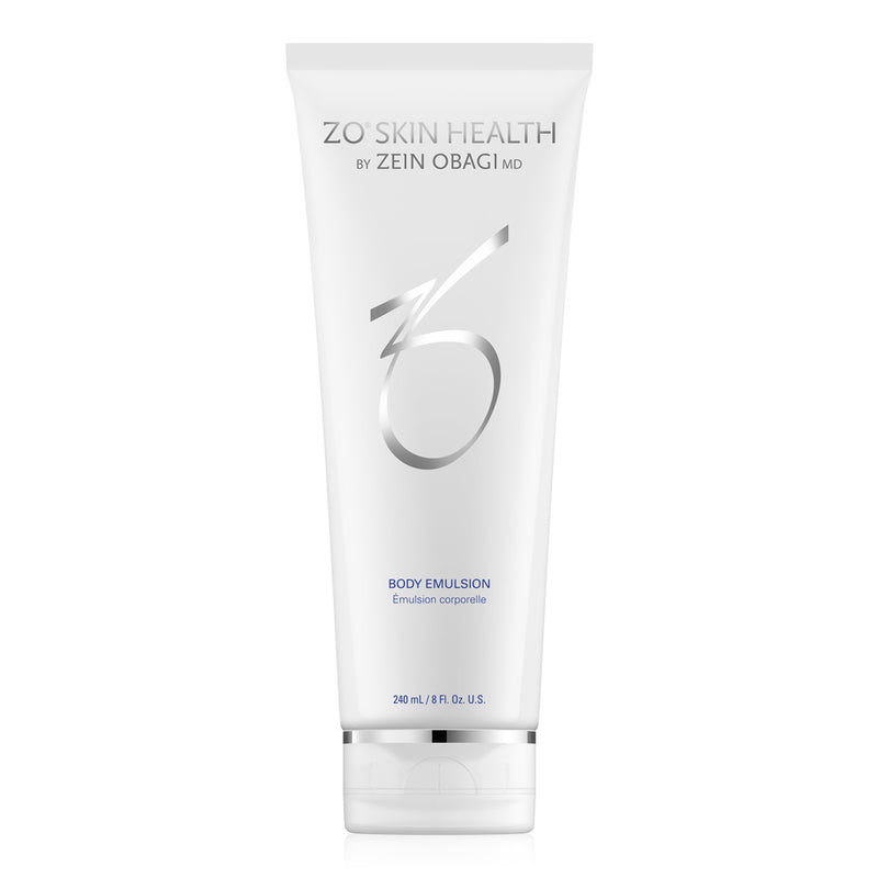 ZO Body Emulsion bottle on a white background, ideal for hydrating and smoothing dry, rough skin