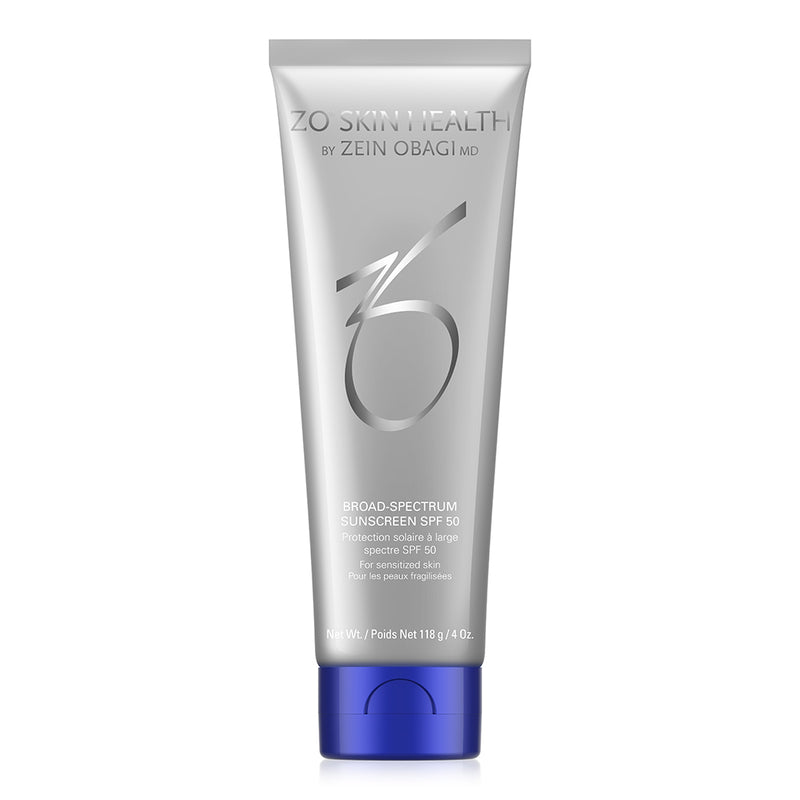 Product image of ZO® Broad-Spectrum Sunscreen SPF 50 in sleek silver and white packaging, a lightweight mineral sunscreen formulated with ZOX12™ to protect sensitive skin from UVA/UVB, infrared, and blue light damage