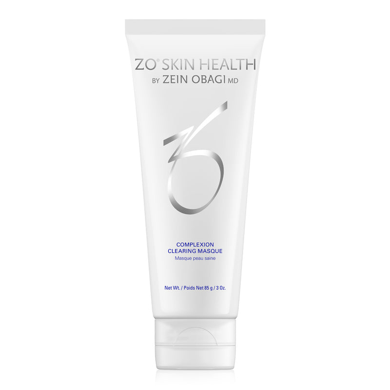Product image of ZO® Complexion Clearing Masque in sleek silver and white packaging, formulated with natural clay to absorb excess oil, cleanse pores, and help prevent future breakouts while keeping skin hydrated and balanced