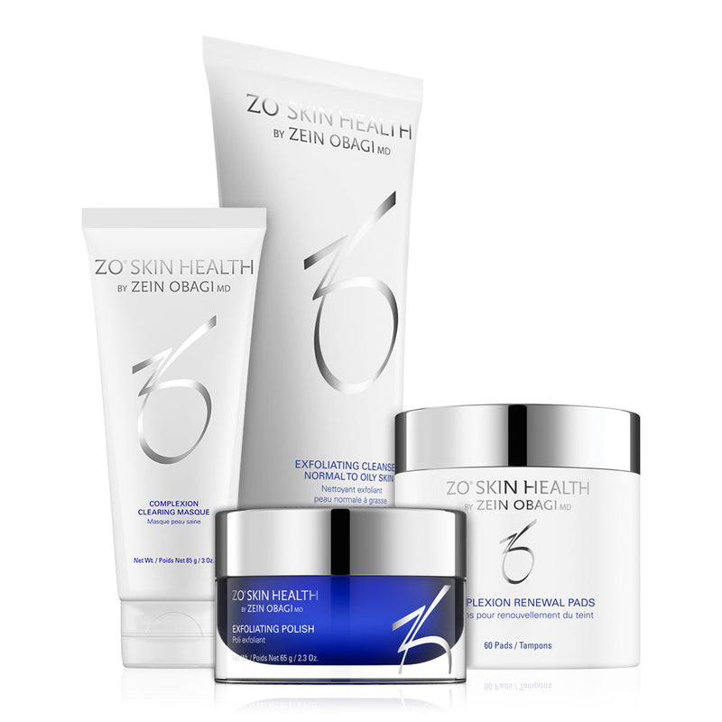 All products from the ZO Complexion Clearing Program arranged together, formulated to combat acne, reduce blackheads, and prevent clogged pores