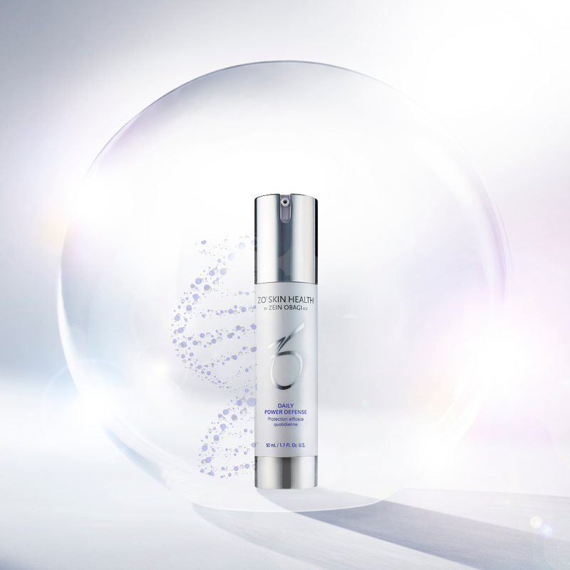 ZO Skin Health Daily Power Defense 50ml bottle encapsulated in a translucent bubble, symbolizing advanced skin protection, hydration, and anti-aging defense