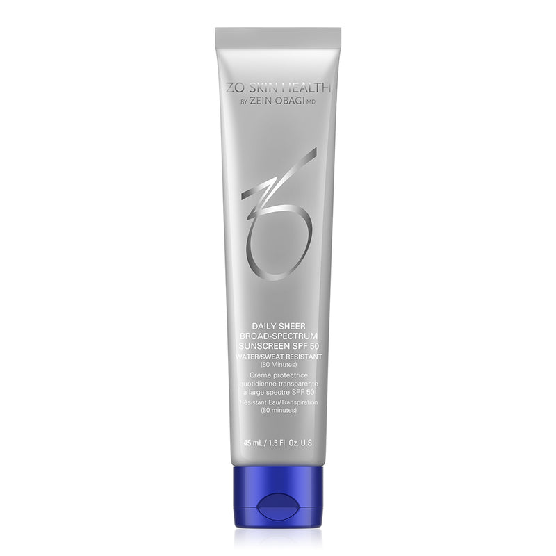 ZO® Daily Sheer Broad-Spectrum Sunscreen SPF 50 in a sleek tube against a white background, offering water- and sweat-resistant, non-greasy sun protection with a sheer finish