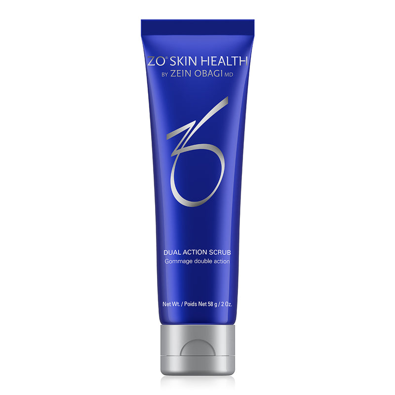 ZO Skin Health Dual Action Scrub 116g tube – exfoliating face scrub with salicylic and lactic acid, designed to unclog pores and smooth oily or acne-prone skin