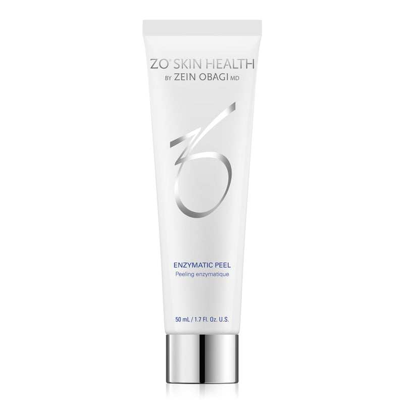 Product image of ZO Enzymatic Peel (50ml) in sleek silver and white packaging, designed as a gentle at-home resurfacing peel to smooth skin texture, boost hydration, and enhance radiance.
