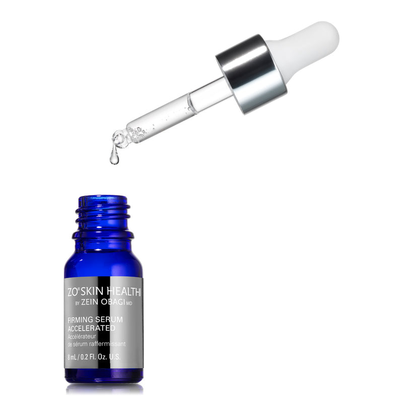 ZO Firming Serum Accelerated dropper releasing a lightweight serum, highlighting its advanced formula designed to visibly lift and firm the skin