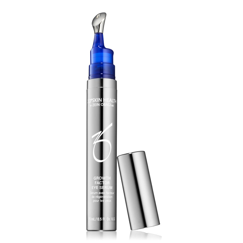 ZO Growth Factor Eye Serum with the cap removed, revealing the applicator tip and highlighting its lightweight, retinol-free formula.