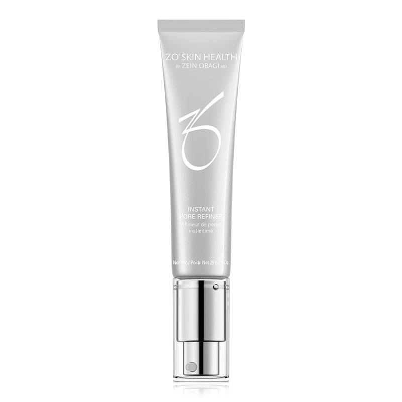 Product image of ZO Instant Pore Refiner (29g) in sleek silver and blue packaging, highlighting its lightweight serum formulated to visibly tighten pores, smooth skin texture, and provide an instant matte finish