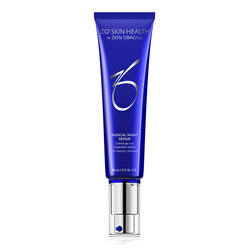Product image of ZO Radical Night Repair (60ml) in sleek silver and blue packaging, designed as a high-potency 1% retinol treatment to reduce wrinkles, improve texture, and restore skin radiance overnight