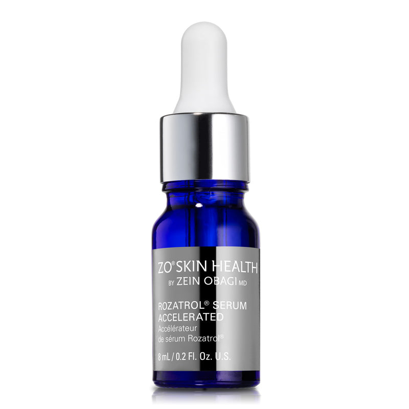 ZO Rozatrol Serum Accelerated bottle displayed, formulated for redness-prone, sensitized skin to help normalize oil levels and soothe irritations
