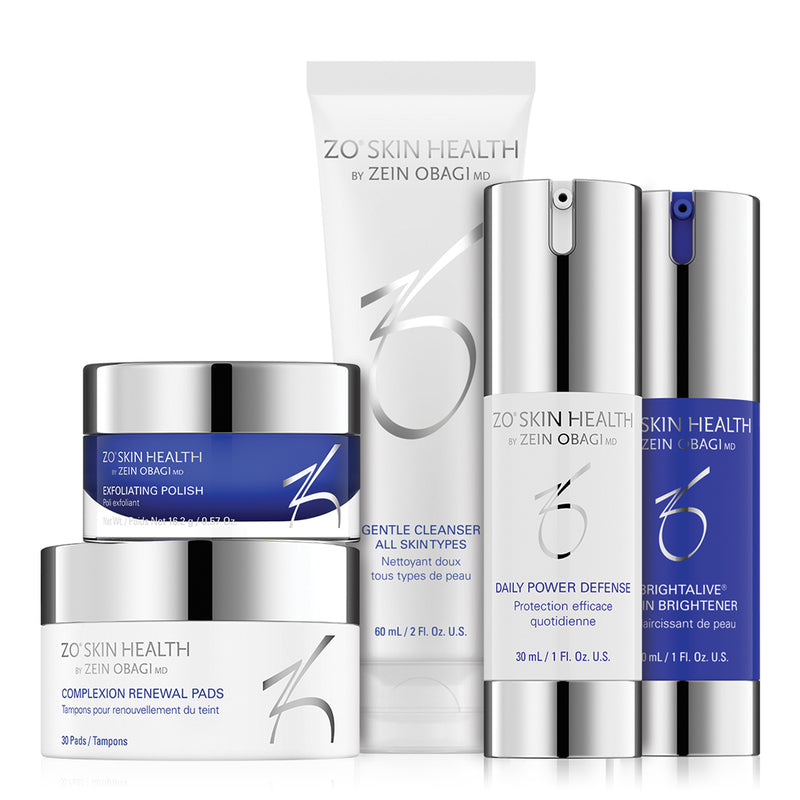 ZO Skin Brightening Program kit arranged together, highlighting products designed to reduce hyperpigmentation and enhance overall radiance