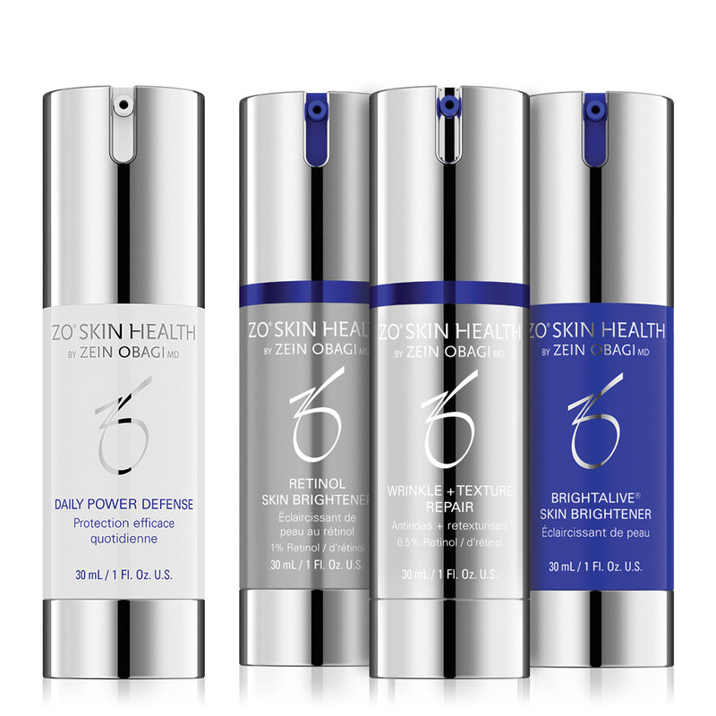 ZO Skin Brightening + Texture Repair Program products arranged together, highlighting their combined formulas for improving skin tone and texture